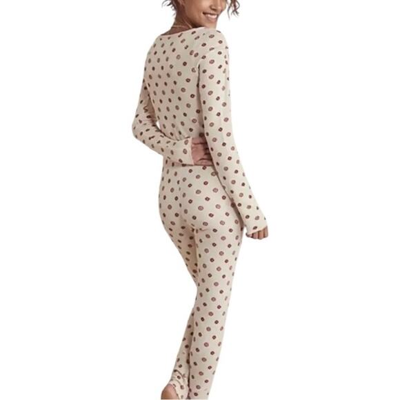 Free People Intimately Beige Print Waffle Knit Home Alone Long John’s Jumpsuit - Picture 4 of 16